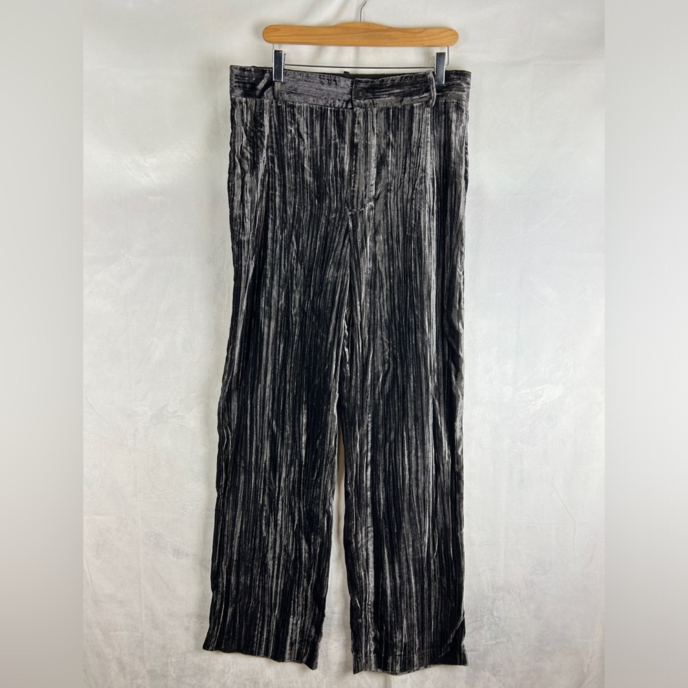 ZARA High Rise Wide Leg Crushed Velvet‎ Trousers Women's Large Grey Black Flowy